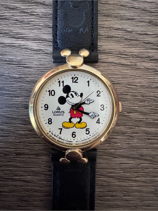 Accessories - Lorus Mickey Mouse Gold-Tone Wristwatch with Black Leather Strap